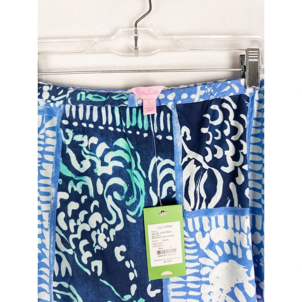 NWT Lilly Pulitzer Meridian Midi Dress Womens L Indigo Black Off Shoulder Pom Po
